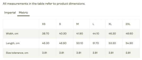 Bella+Canvas Size Guide Metric